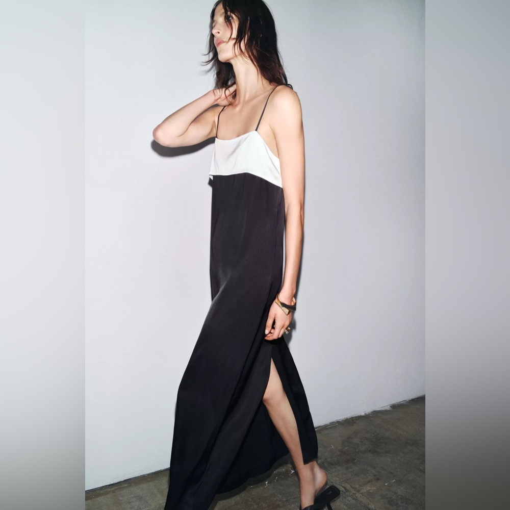 NWT Zara Woman Bloggers Fav ZW COLLECTION MINIMAL SATIN DRESS Black & White XL - Picture 5 of 12
